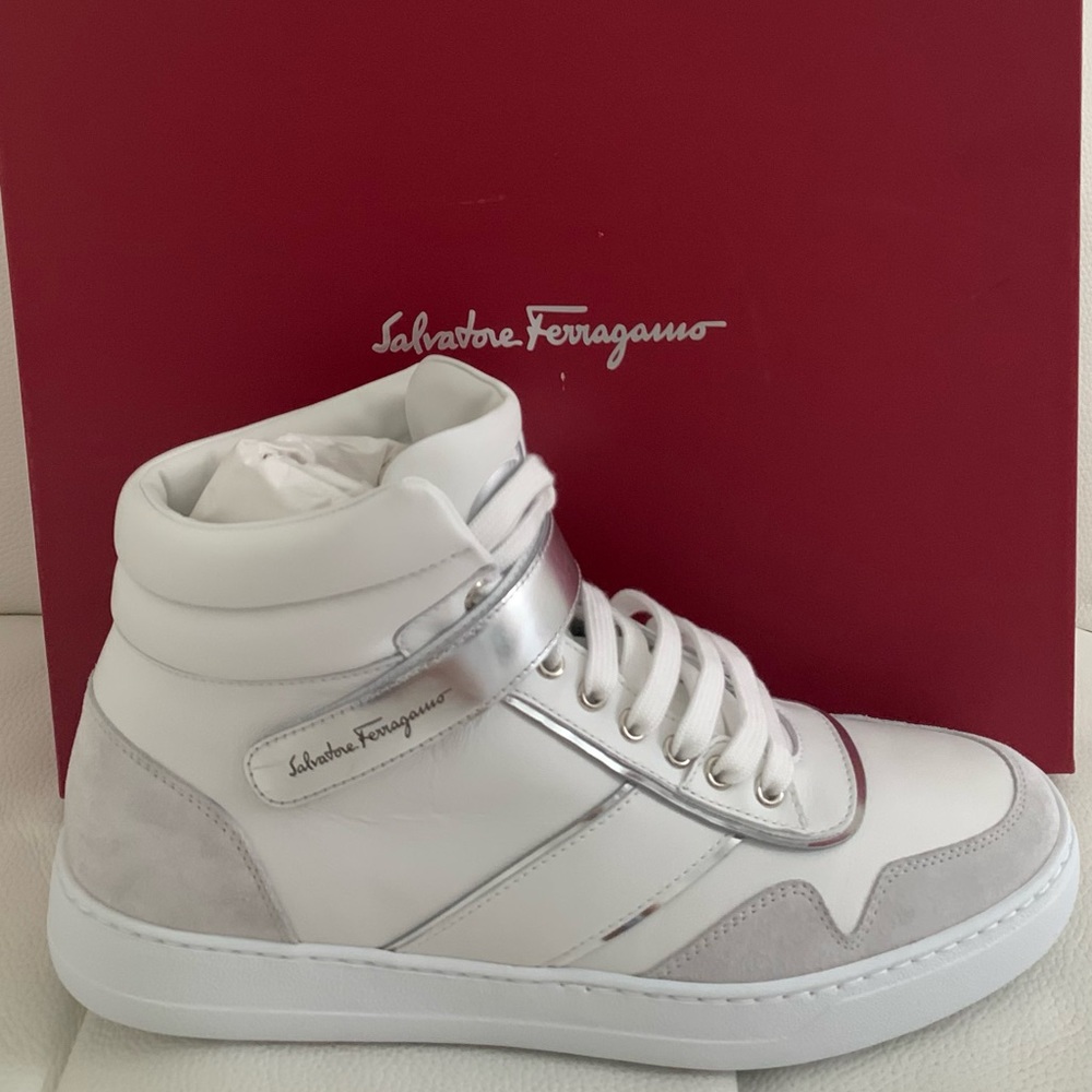 NIB Mens Salvatore Ferragamo "Noe" Leather High-Top Sneakers White/Nikel 10 - Picture 10 of 10